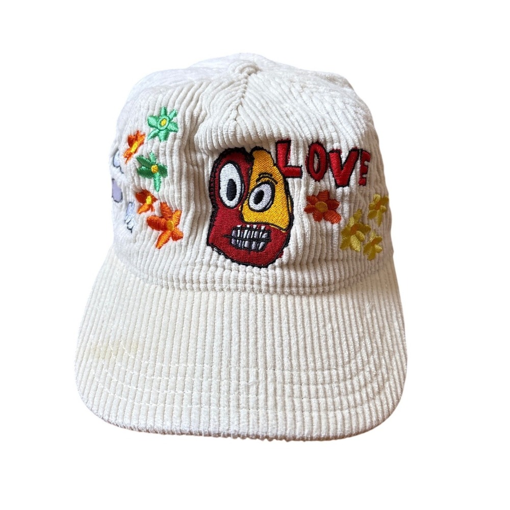 Ron Bass Hat Unisex White Corduroy Mushroom Flower Power Embroidered SIZE OS